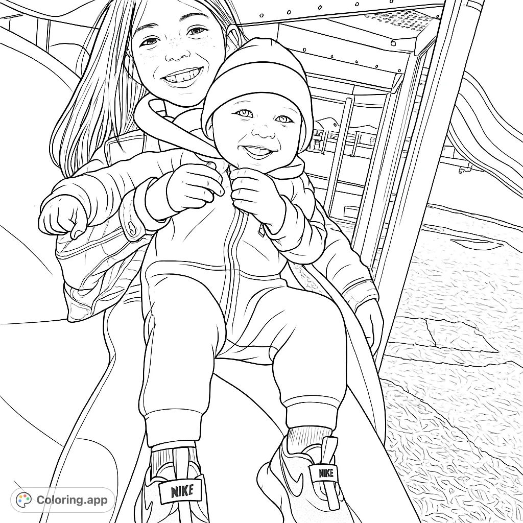 Capture the heartwarming bond of two children smiling on a playground slide. A delightful scene perfect for a fun coloring adventure, bringing joy to every stroke.