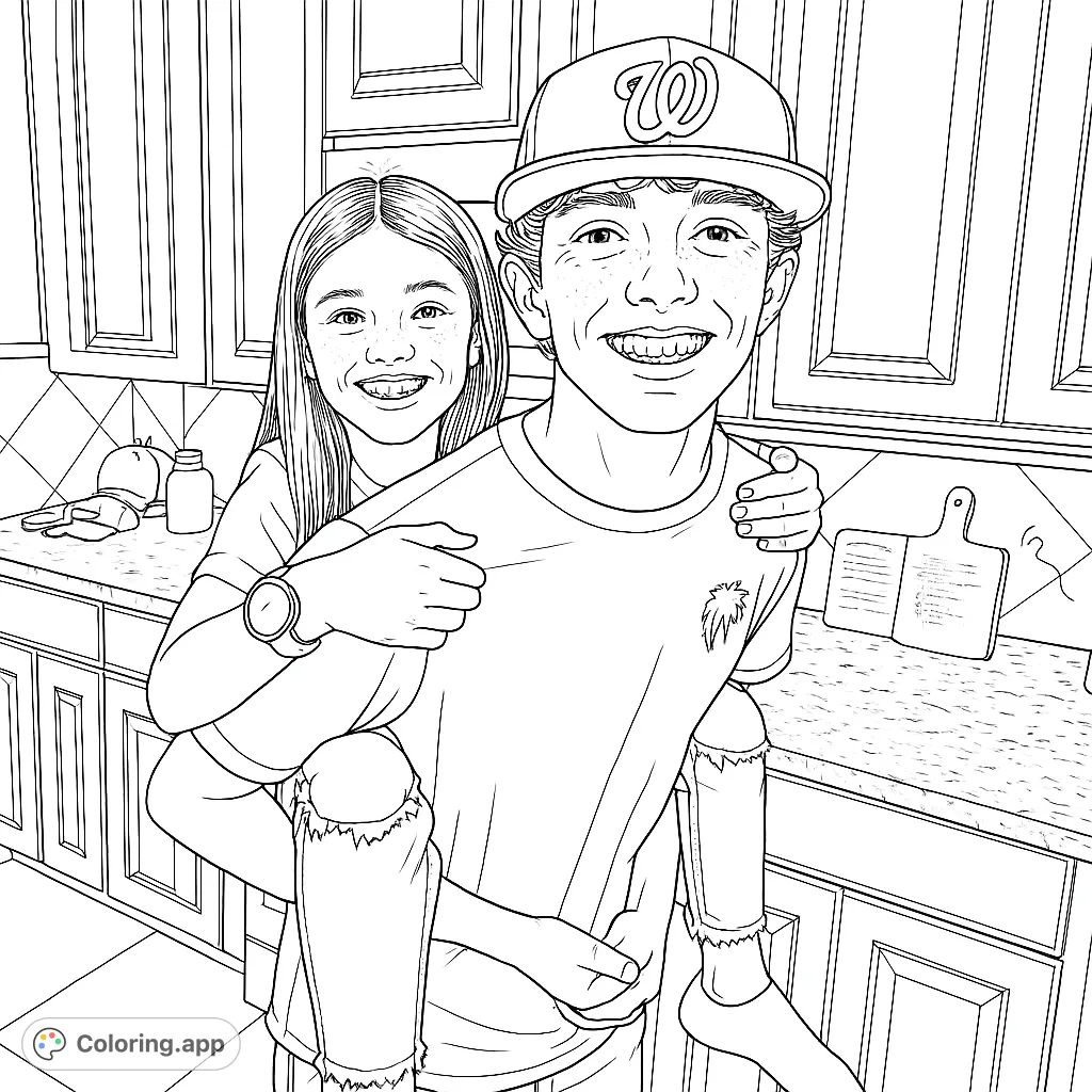 Two joyful children sharing a piggyback ride in a cozy kitchen, full of smiles and playful energy. A delightful scene for coloring.