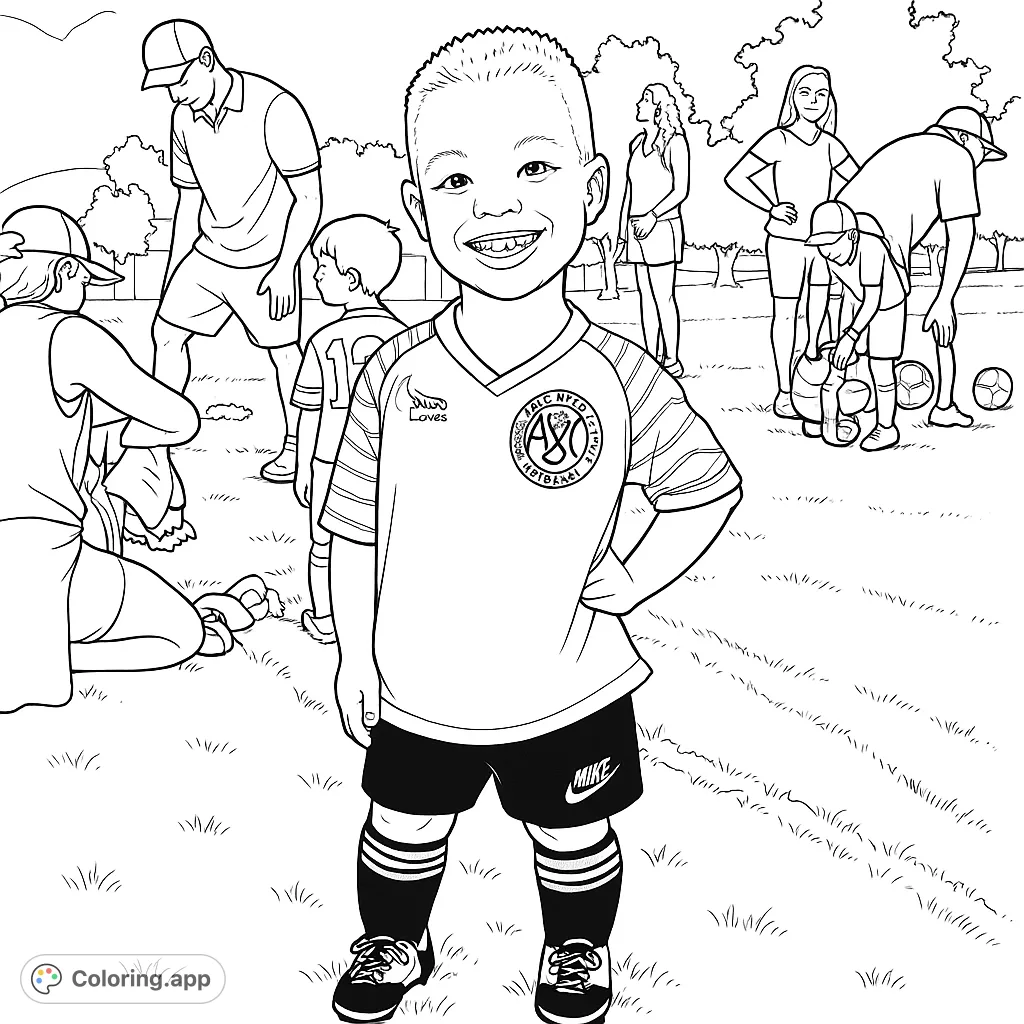 A cheerful young soccer player in uniform stands on a grassy field, ready for action. Perfect for sports enthusiasts and aspiring athletes.
