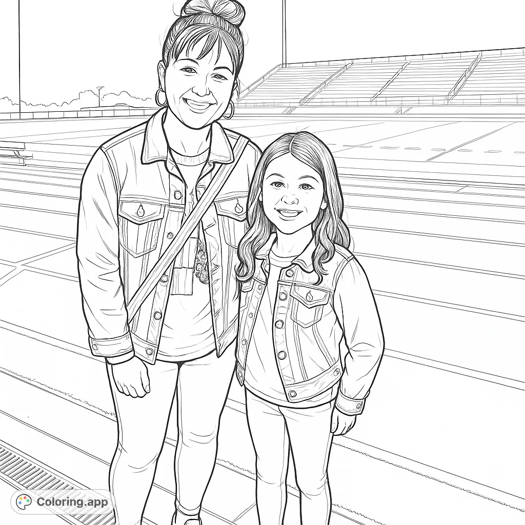 Capture a heartwarming moment of an adult and child at a stadium at night. Perfect for sports fans and family-themed coloring.