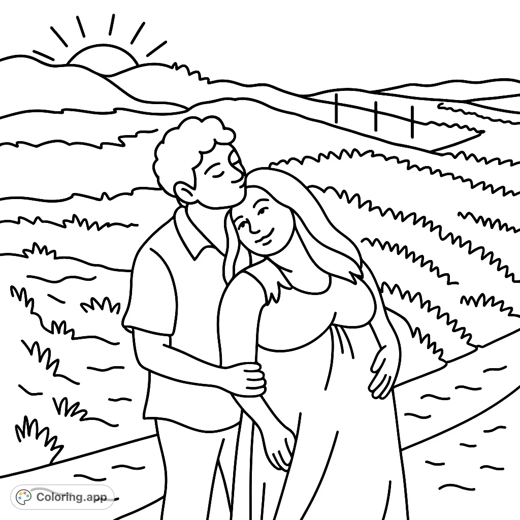 Capture a tender moment between a couple on sandy hills. This romantic coloring page offers a serene scene for relaxation and creative expression.