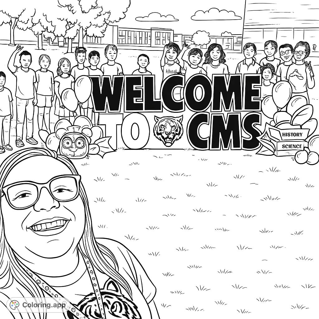 Celebrate school spirit with this welcome scene featuring children, a "WELCOME TO CMS" sign, and fun school supply decorations.