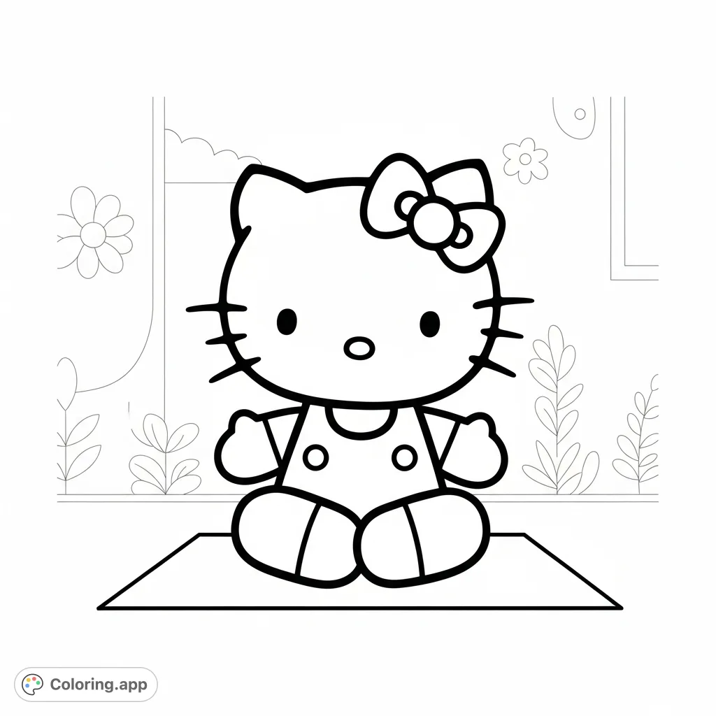 A charming Hello Kitty coloring page featuring the beloved character in a peaceful yoga pose, perfect for relaxation and creative expression.