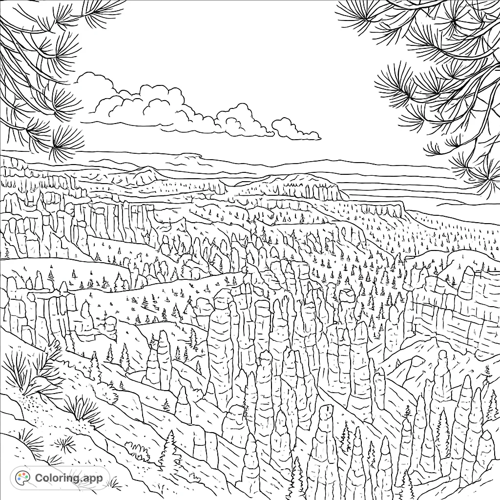 Explore a majestic canyon vista with intricate hoodoo rock formations, distant forests, and a vast sky. A detailed nature coloring page for all ages.
