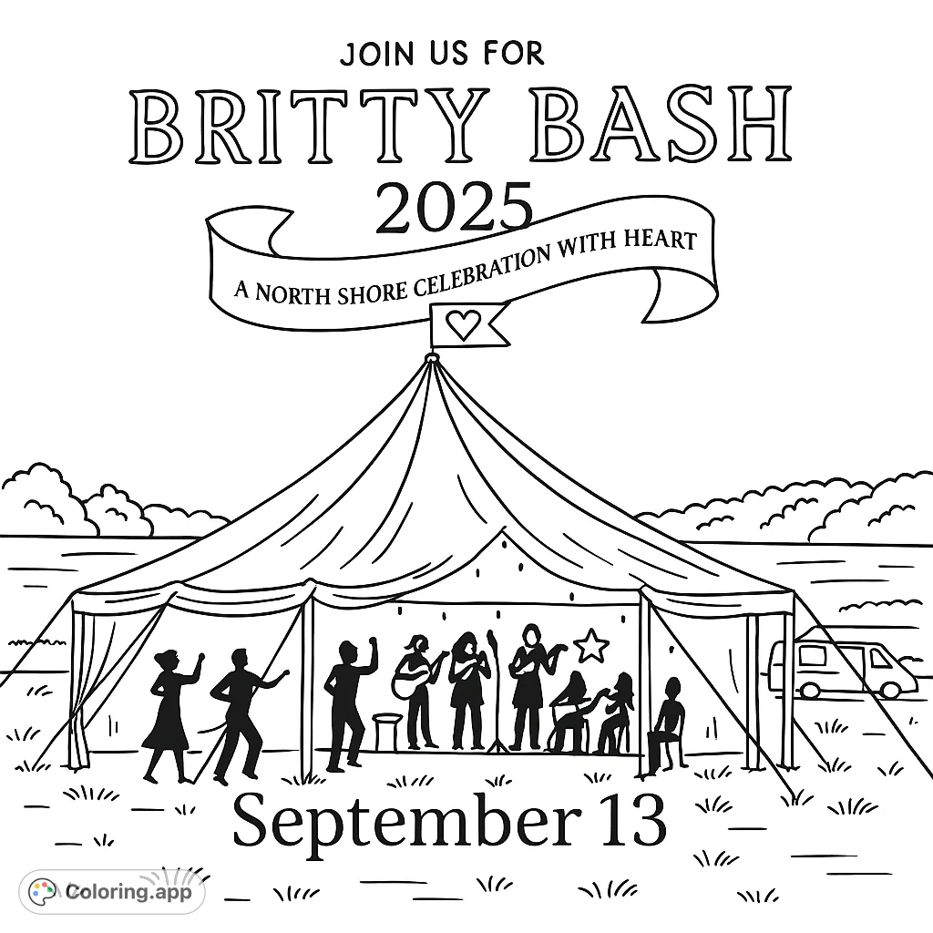 Capture the joy of an outdoor music festival with a grand tent, lively band, and dancing figures. A perfect celebration scene to color.