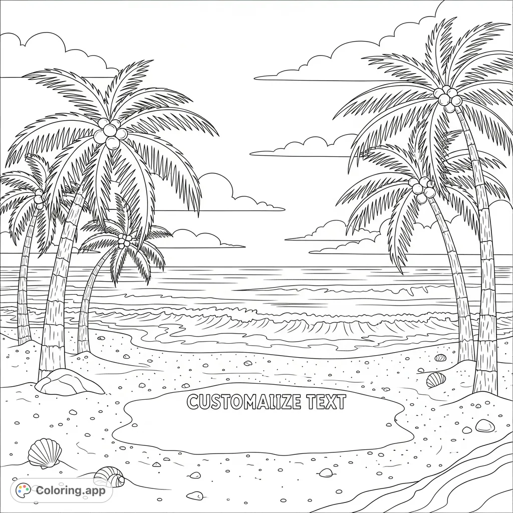 A tranquil beach scene with swaying palm trees, gentle waves, and a customizable message written in the sand. Perfect for a relaxing creative escape.