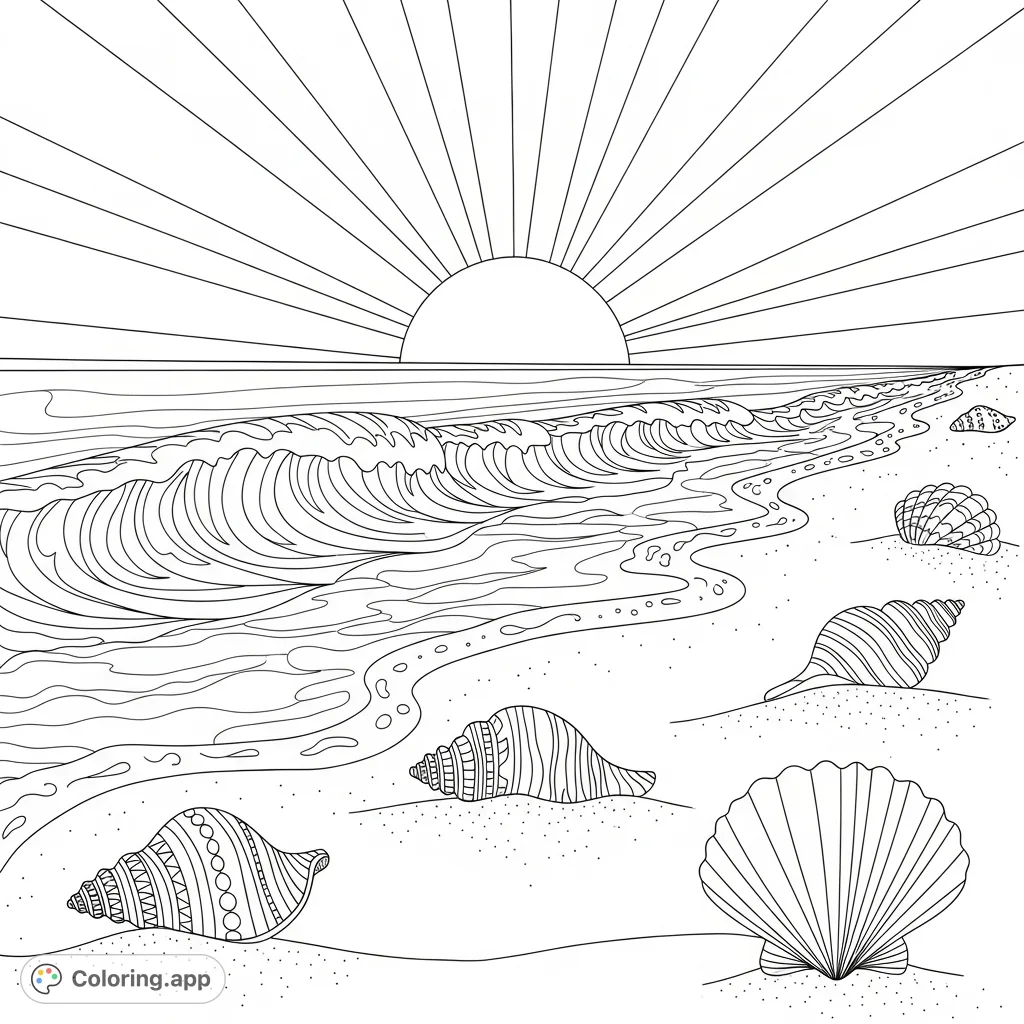 Immerse yourself in a serene beach scene featuring a radiant sun, rolling waves, and intricate seashells. A perfect escape for creative relaxation.