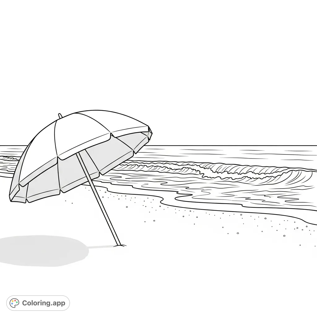 A peaceful beach scene featuring a large open beach umbrella on the sand, with gentle ocean waves rolling onto the shore under a clear, sunny sky.