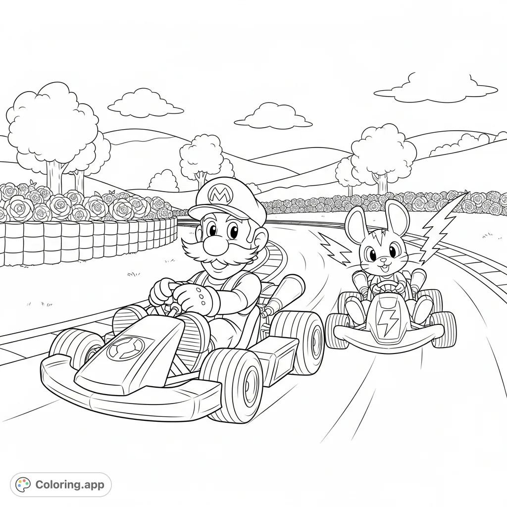 Join Mario and Pikachu in an exciting kart race! This dynamic coloring page features iconic characters speeding around a track, ready for your creative touch.
