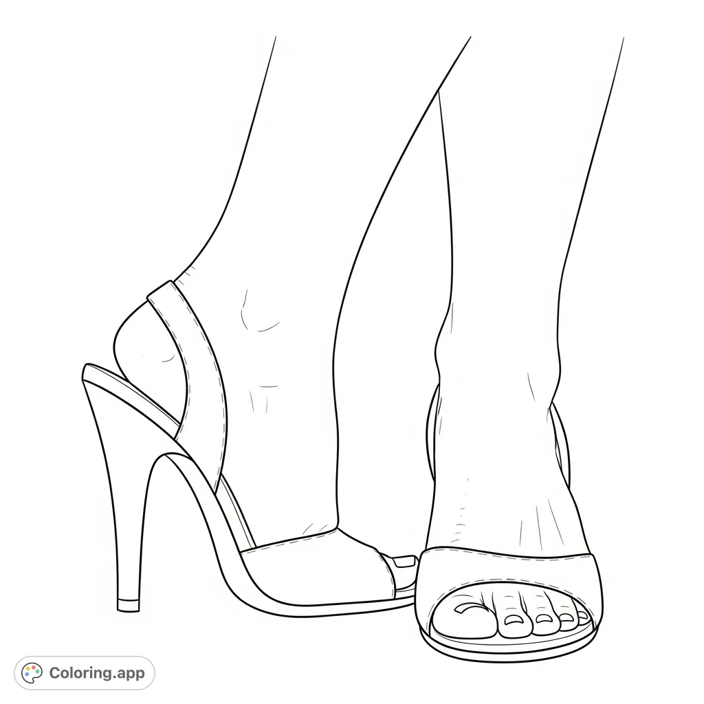 Explore a detailed women's feet coloring page, featuring one foot in side profile showcasing the arch and the other front-facing with toes, both in open-toe heels.