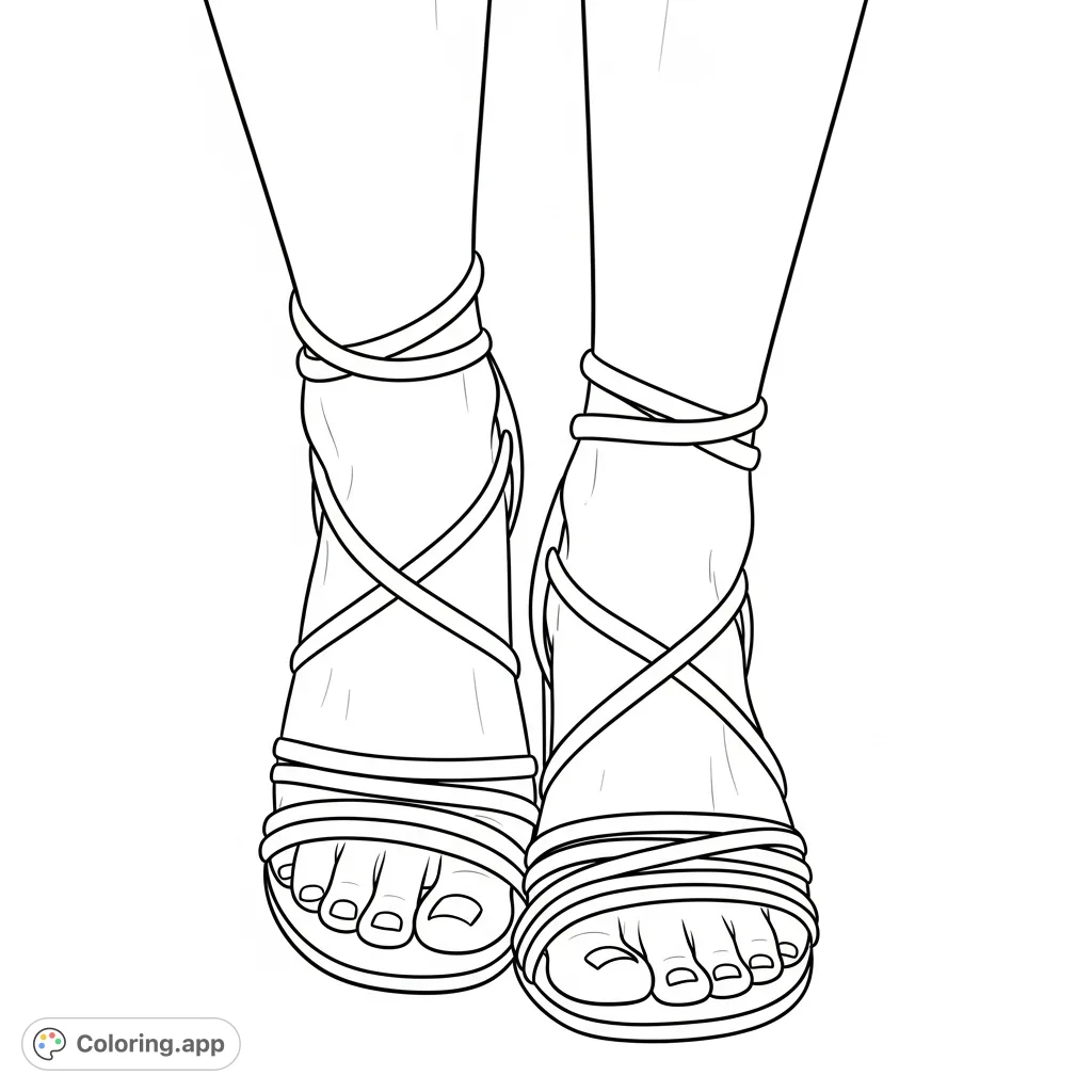 Discover a realistic feet coloring page featuring elegant strappy sandals, perfect for fashion enthusiasts. A detailed free printable coloring page.