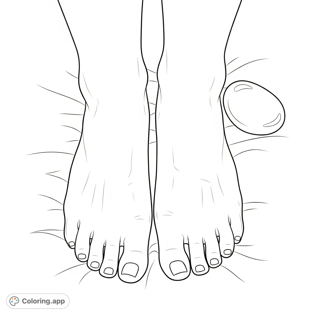 Detailed coloring page of a pair of relaxed feet, perfect for a spa-themed session. Focus on intricate nail art and skin textures.