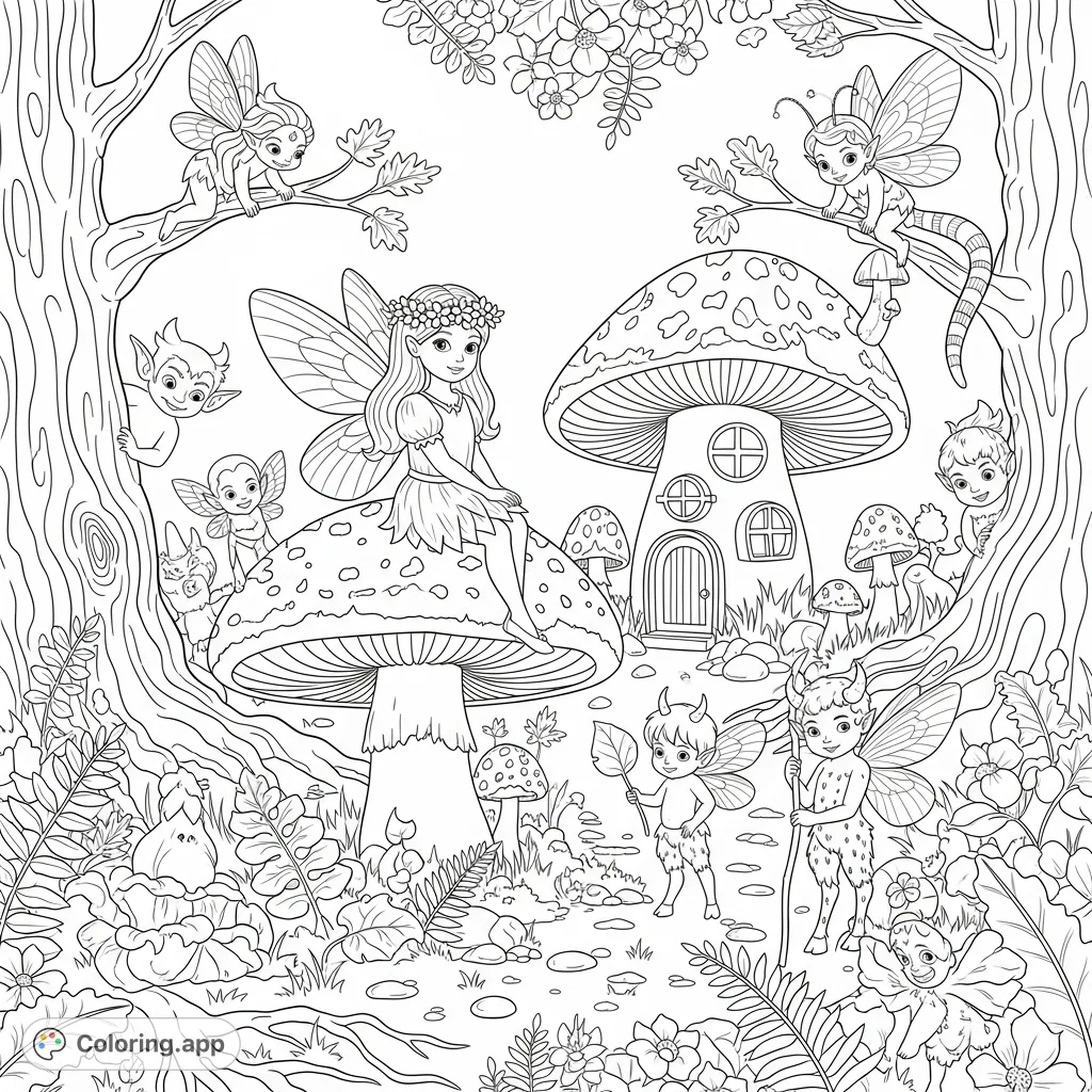 Discover a charming fairy girl on a toadstool, surrounded by a whimsical mushroom house and a host of magical forest creatures in this detailed vintage scene.