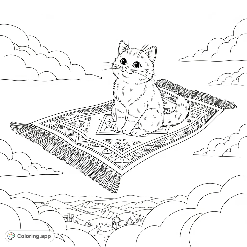 A charming cat takes to the skies on a patterned flying carpet, surrounded by fluffy clouds. A delightful scene for all ages.