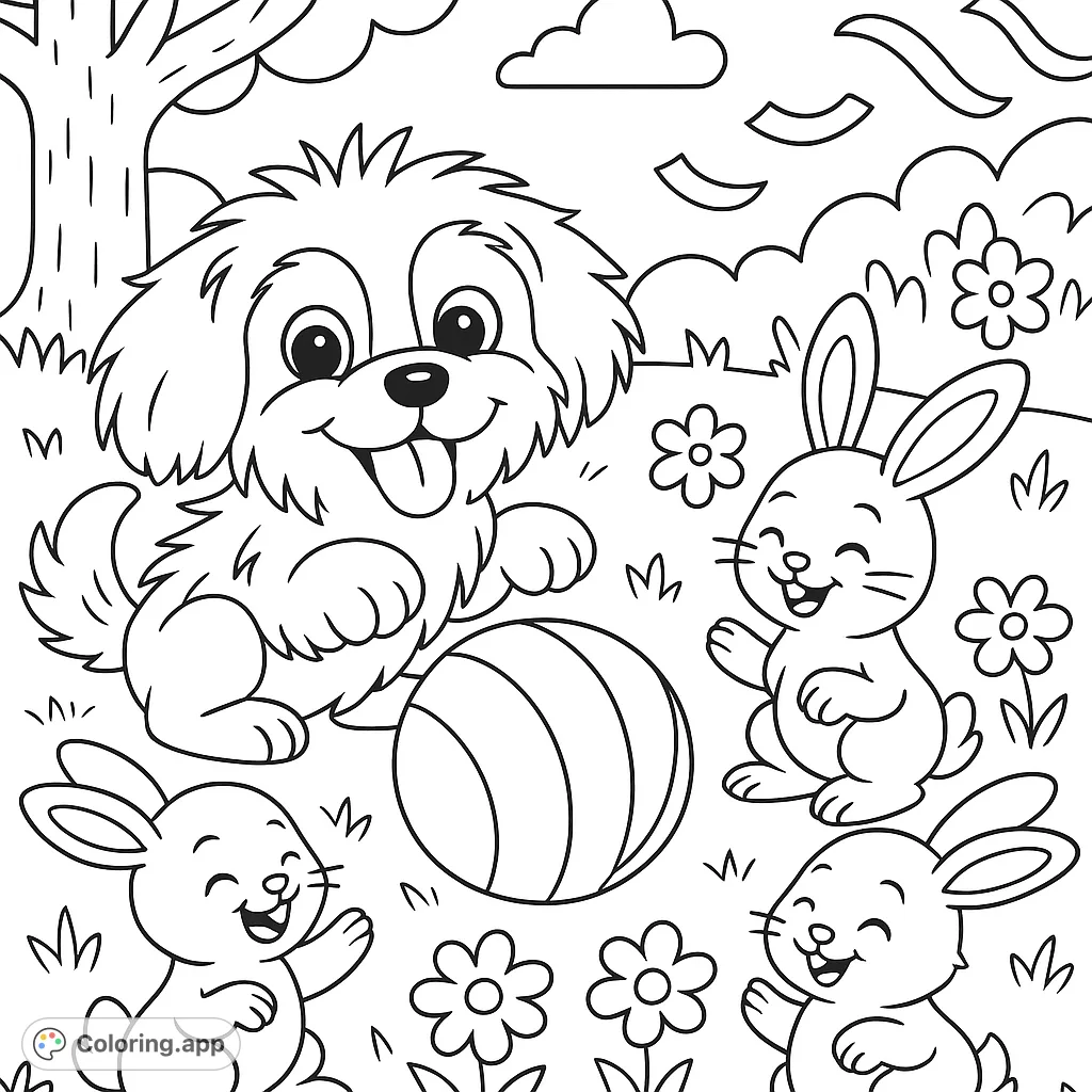 A delightful scene featuring a fluffy puppy and three cheerful bunnies playing with a striped ball in a vibrant outdoor setting. Perfect for animal lovers!