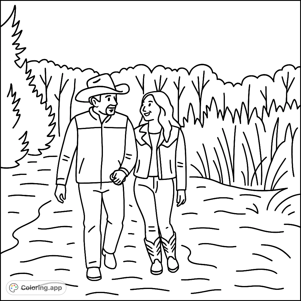 Capture the charm of a country couple walking hand-in-hand on a rustic path. Perfect for a relaxing coloring experience with a touch of romance.
