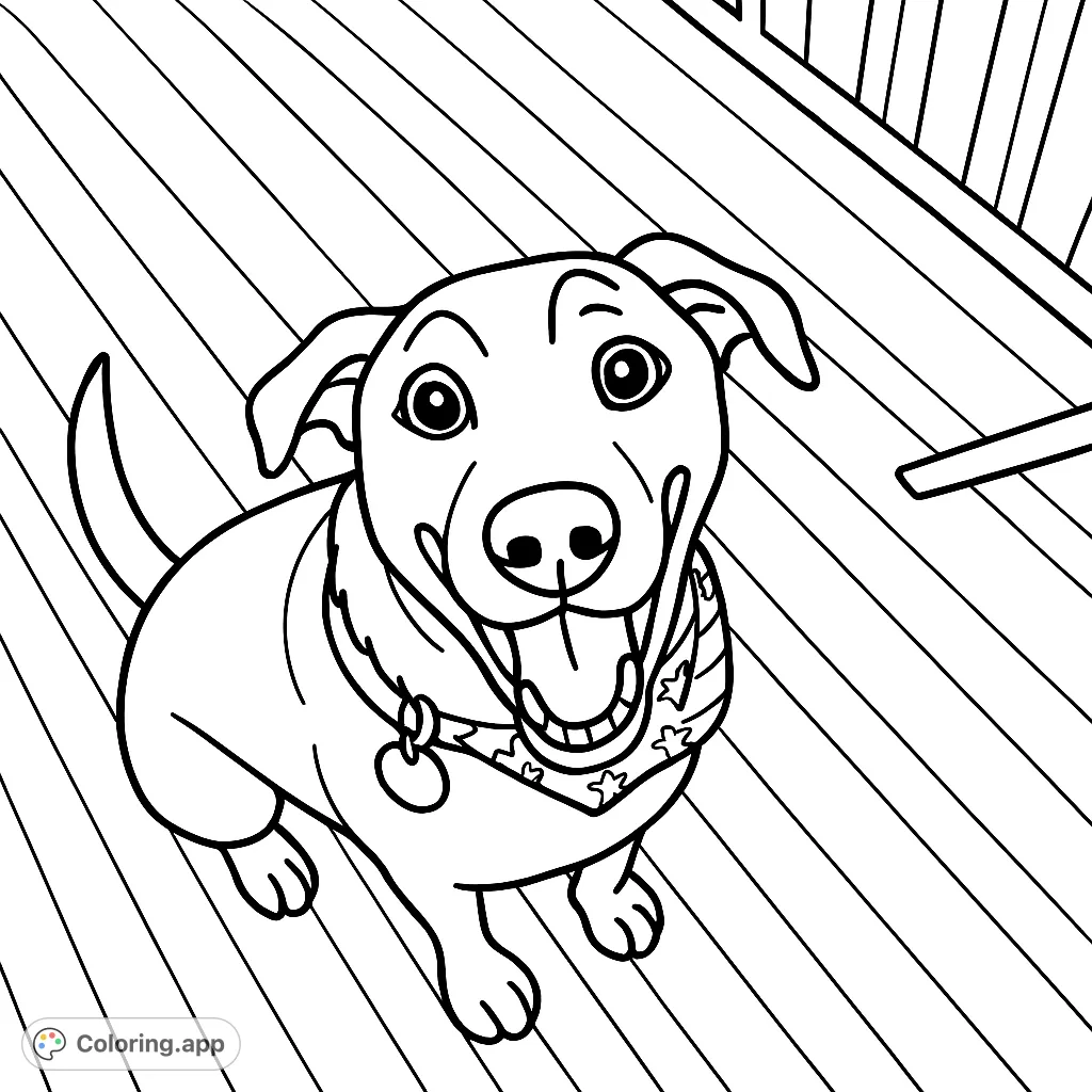 A cheerful dog sits on a wooden deck, looking up with a happy expression and a patterned bandana. Perfect for a fun, simple coloring activity.