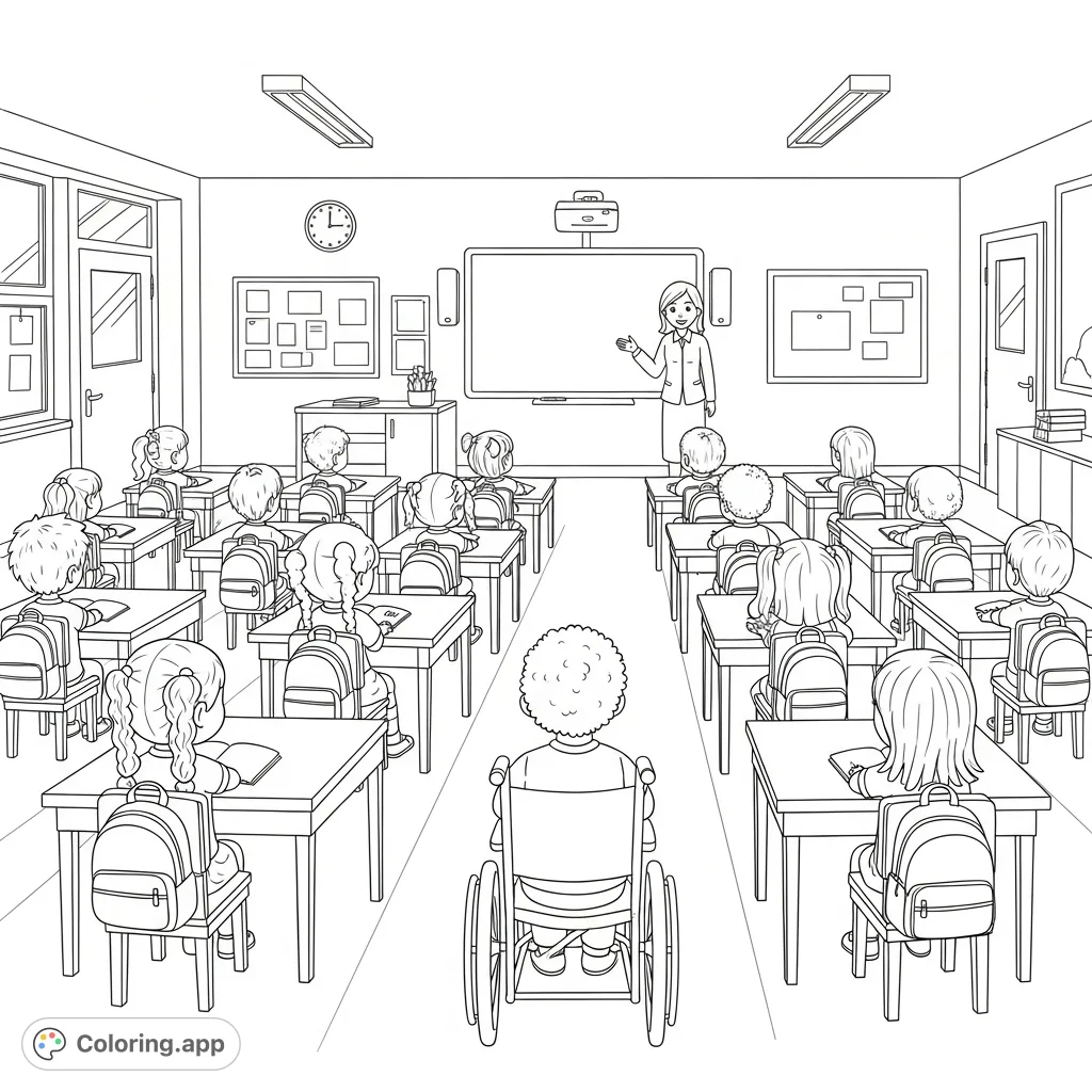 A lively kindergarten classroom at day's end, featuring diverse students with backpacks at desks, a student in a wheelchair, and a teacher by an interactive whiteboard.