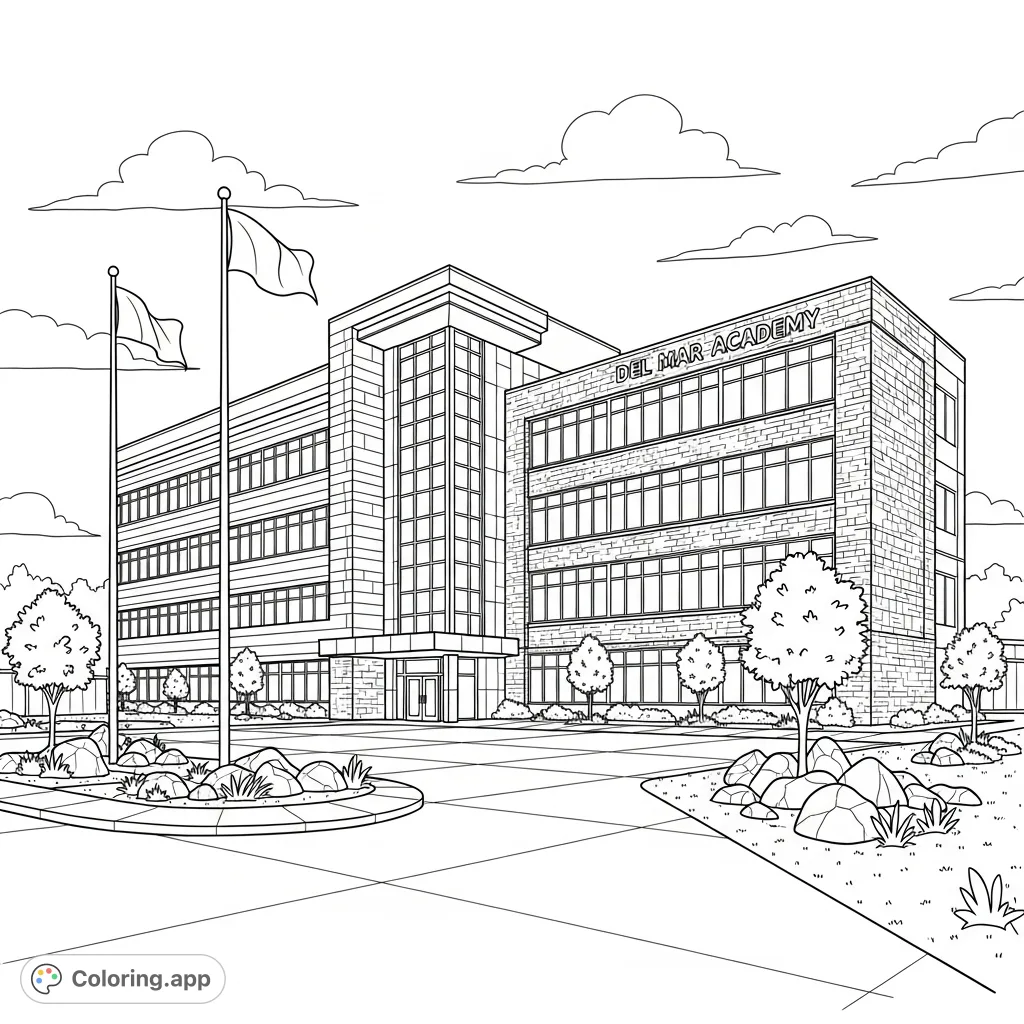 Explore a detailed modern school building with varied textures, flagpoles, and landscaping. A free printable architectural coloring page for all ages.