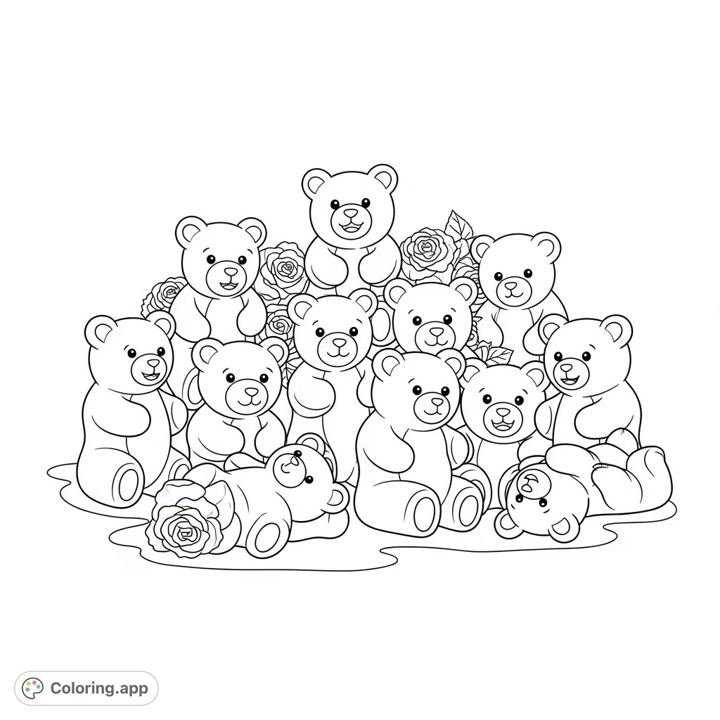 A charming gummy bear coloring page featuring a playful group of sweet, rounded bears in various poses, perfect for a fun and delightful coloring experience.
