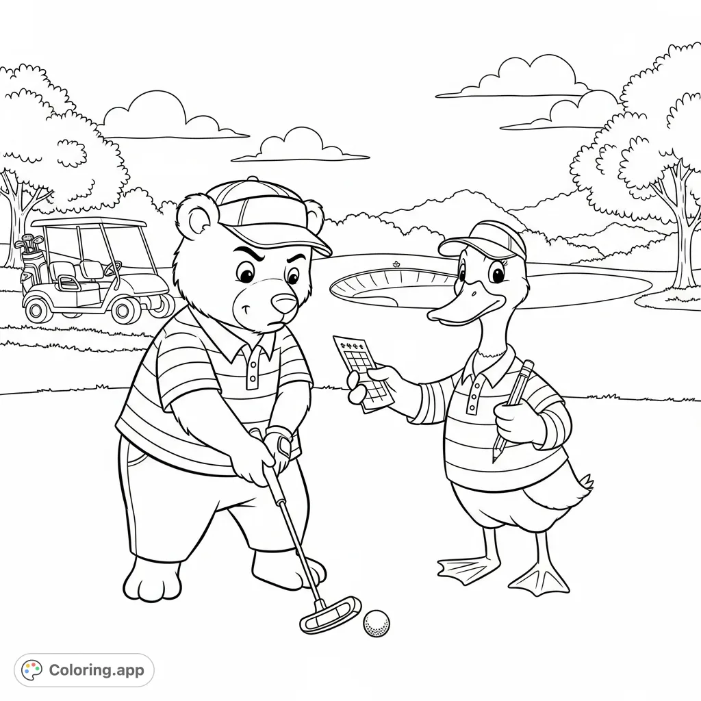 Join a determined bear and his duck caddy on the golf course! This charming scene features animal friends enjoying a round of golf on a sunny day.