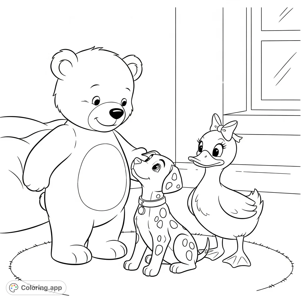 Join a friendly bear and a sweet duck as they welcome an adorable Dalmatian puppy into their lives. A heartwarming scene perfect for young colorists.