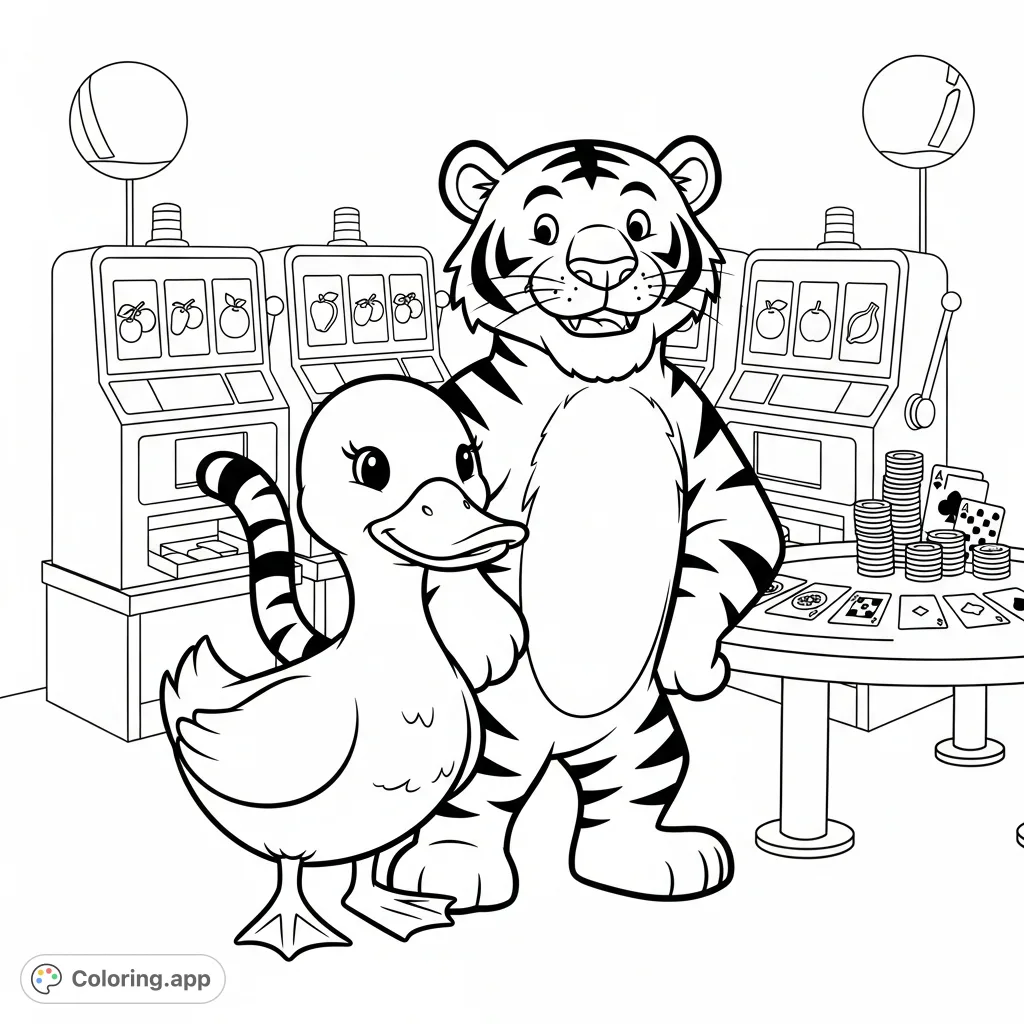 Join a cutesy duck and a confident tiger at a lively casino! This free printable casino animals coloring page is perfect for fun and imagination.