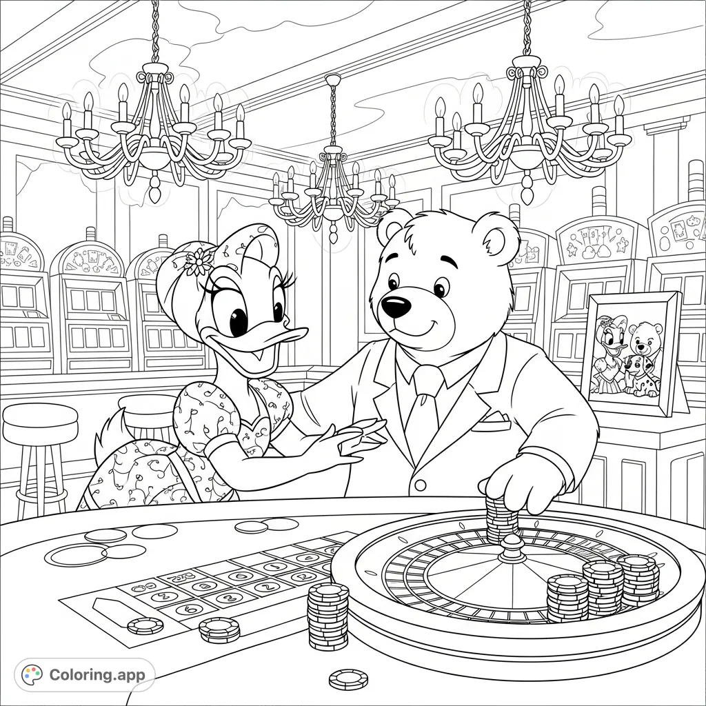 A charming duck and bear duo enjoy a lively casino night, with roulette, slot machines, and a sentimental framed photo. Perfect for a fun coloring challenge!