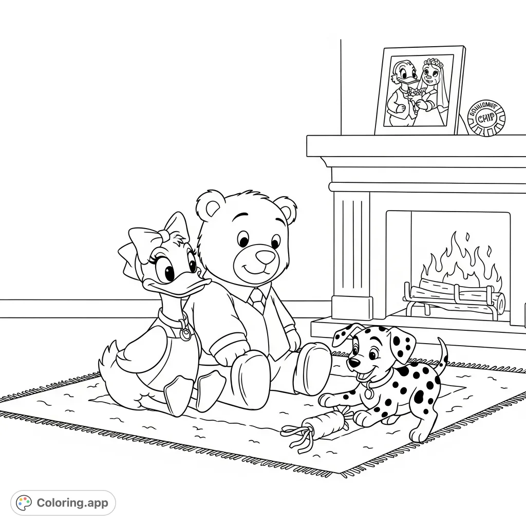 A heartwarming scene featuring a duck and bear watching a playful Dalmatian puppy on a plush rug, with a cozy fireplace and sentimental details.