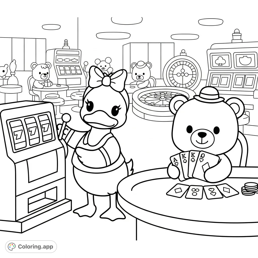 Join a charming girl duck and a boy bear for a whimsical adventure in a simplified casino setting. Perfect for a fun, easy coloring experience.