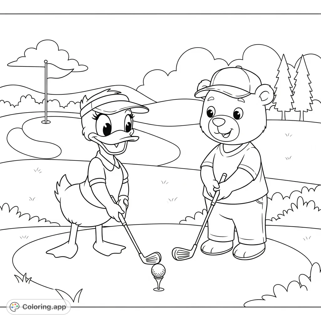 A delightful cartoon coloring page featuring a girl duck and a boy bear golfing on a sunny course. Perfect for young artists!
