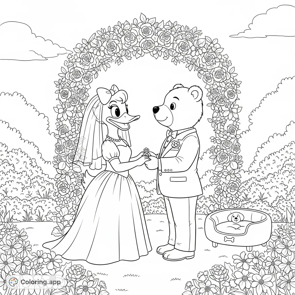 Celebrate love with this charming wedding coloring page featuring a duck and bear exchanging vows under a floral arch in a sunlit garden.