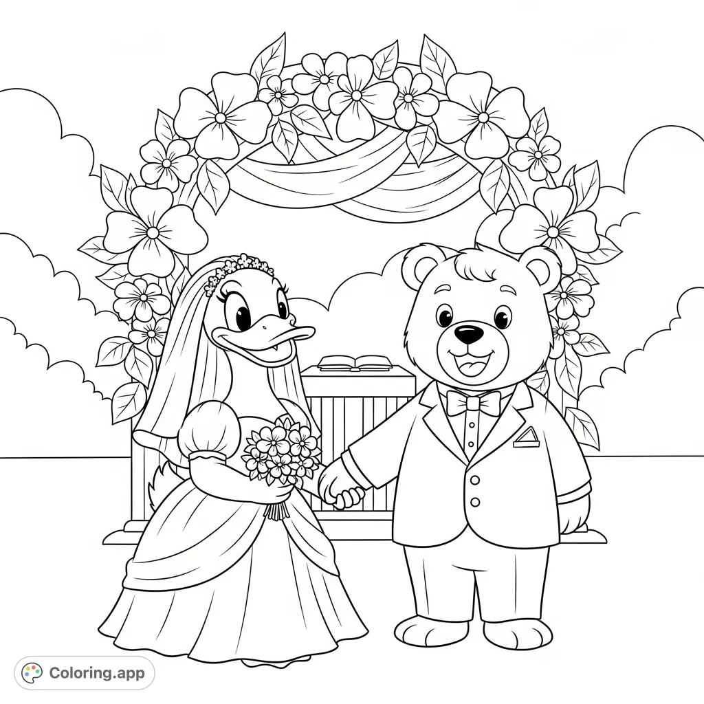 Celebrate love with this adorable cartoon coloring page featuring a girl duck and a boy bear on their wedding day. Simple lines for easy coloring fun!