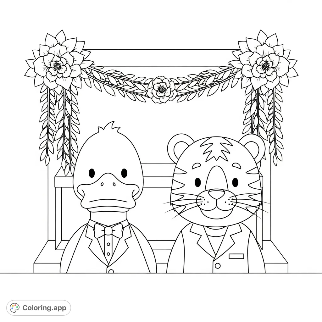 Celebrate love with this charming cartoon duck and tiger wedding coloring page! Perfect for kids, featuring bold lines and a joyful scene.