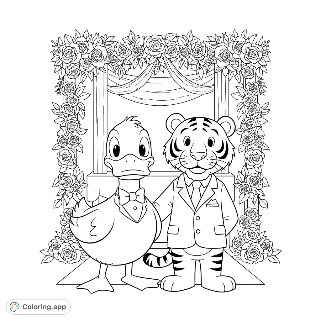 Celebrate love with this charming cartoon duck and tiger wedding coloring page! Perfect for kids, featuring bold lines and a joyful scene.