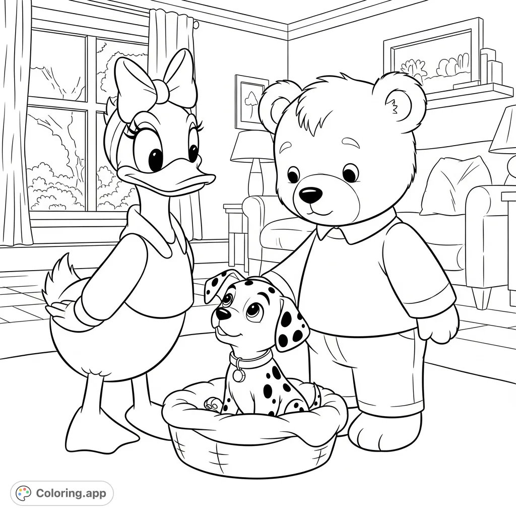 A heartwarming scene of a girl duck and a boy bear welcoming a playful Dalmatian puppy into their lives. Perfect for young animal lovers!