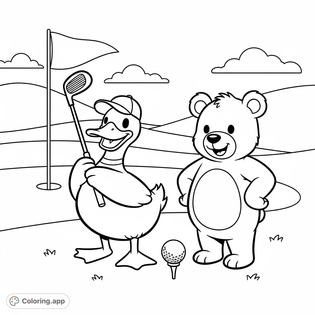 Join a cheerful cartoon duck and bear for a fun round of golf! This delightful scene features simple, bold lines perfect for young colorists.