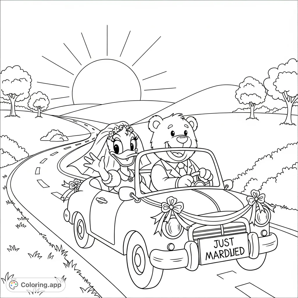 Join a sweet girl duck and boy bear on their 'Just Married' adventure! A charming cartoon scene perfect for celebrating love and new beginnings.