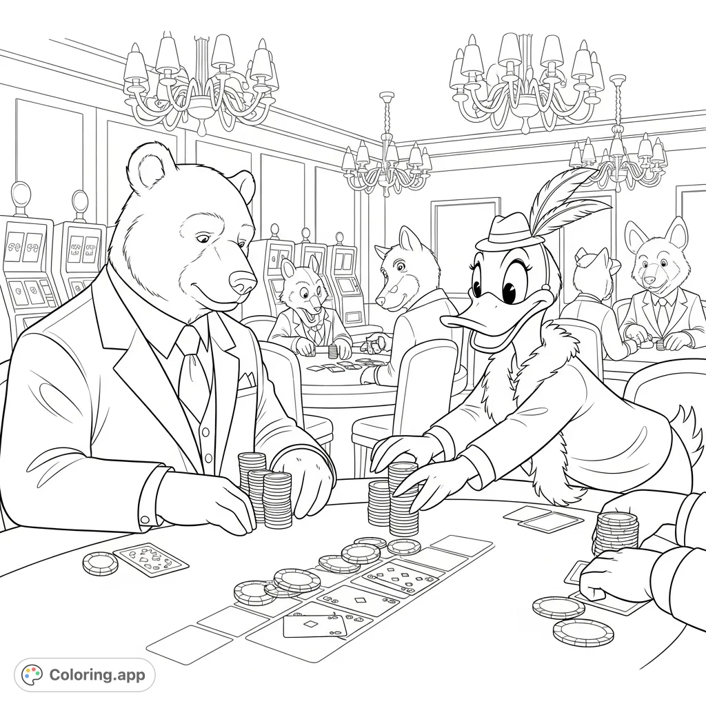 A sophisticated bear and a mischievous duck play poker in a bustling casino, surrounded by other anthropomorphic animals and glowing slot machines.