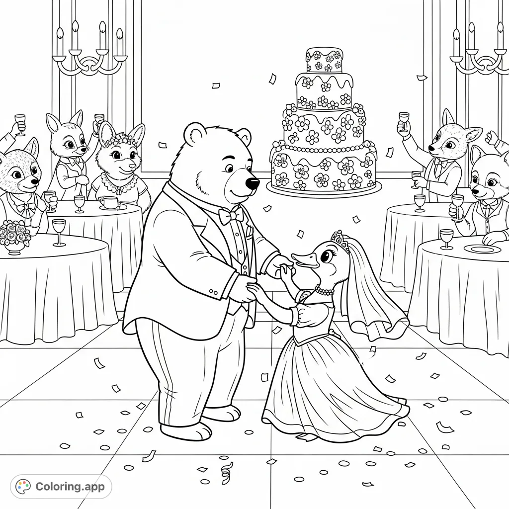 Witness a charming bear in a tuxedo dancing with a duck in a bridal gown on a polished ballroom floor, surrounded by woodland guests and a grand wedding cake.