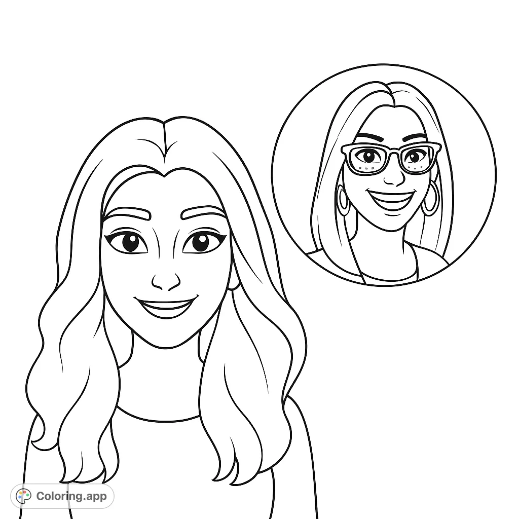 Color two cheerful, modern female avatars, one with flowing hair and another with glasses and a wide smile. A fun, customizable coloring page for all ages.