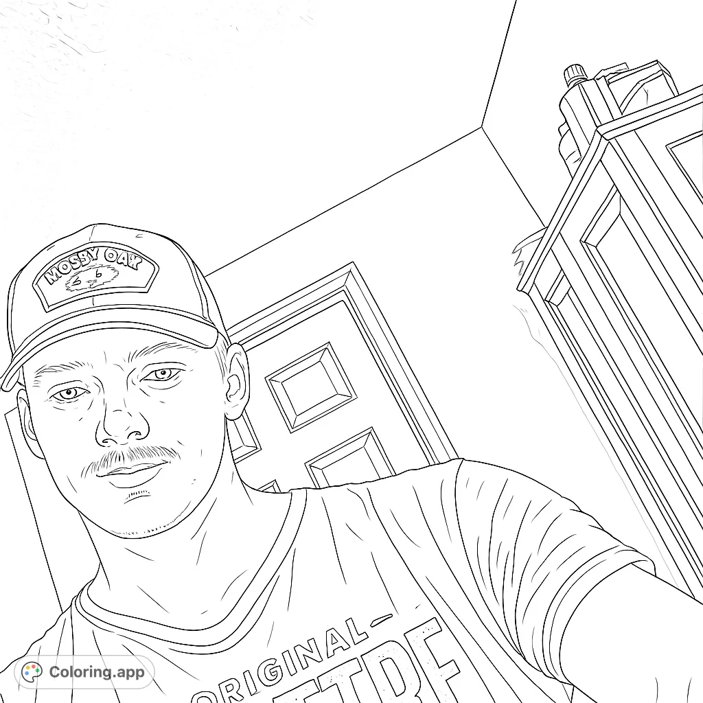 Color a modern portrait of a young man in a baseball cap and graphic tee, set against a textured interior background. Perfect for personalizing with your unique style.