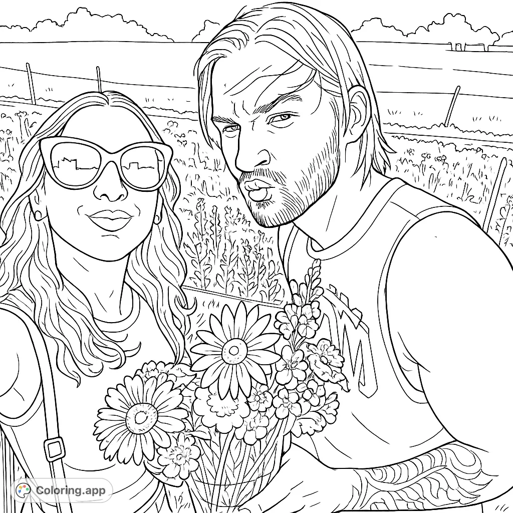 A delightful coloring page featuring a couple holding a vibrant flower bouquet in a sunny field, perfect for nature lovers and romantic themes.