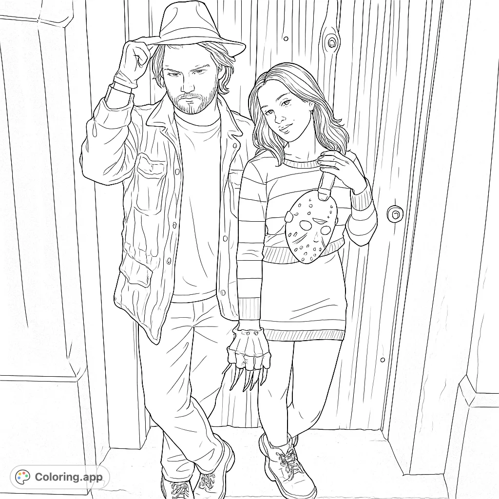 A couple in detailed horror-themed costumes stands by a weathered door and stone structure. Perfect for Halloween enthusiasts and fans of spooky fun.