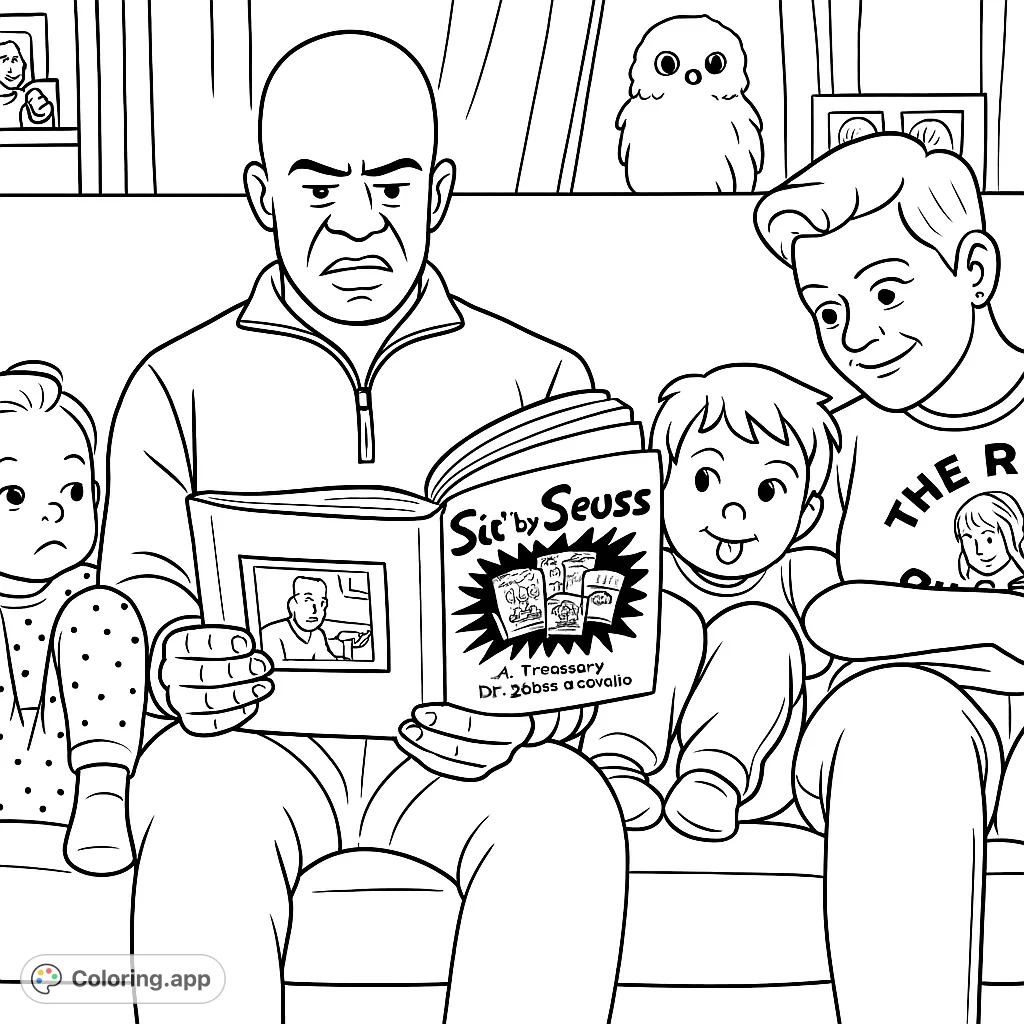 Gather around for a heartwarming family story time! This coloring page features a family reading together on a cozy sofa, perfect for all ages to enjoy.