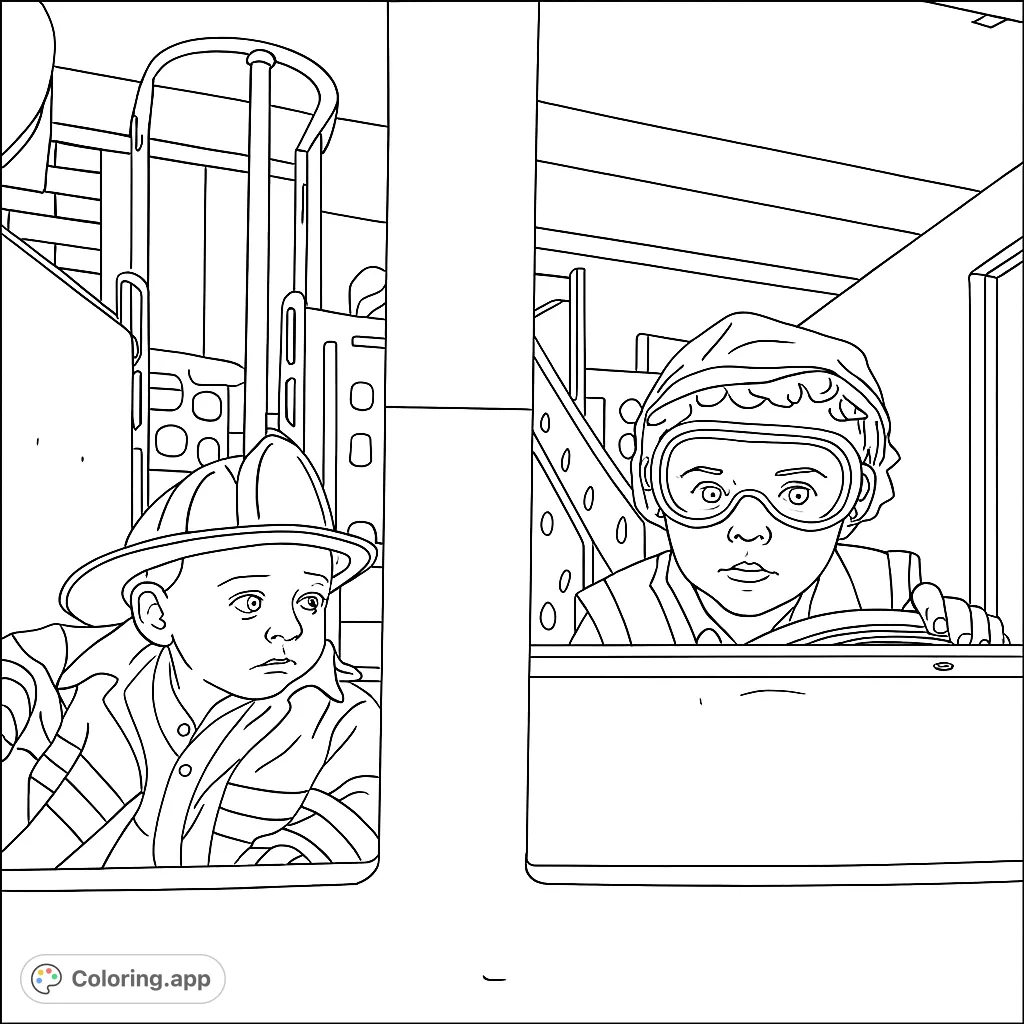 Two adorable children in firefighter and construction worker costumes, ready for imaginative play in a fun play structure. Perfect for aspiring heroes!