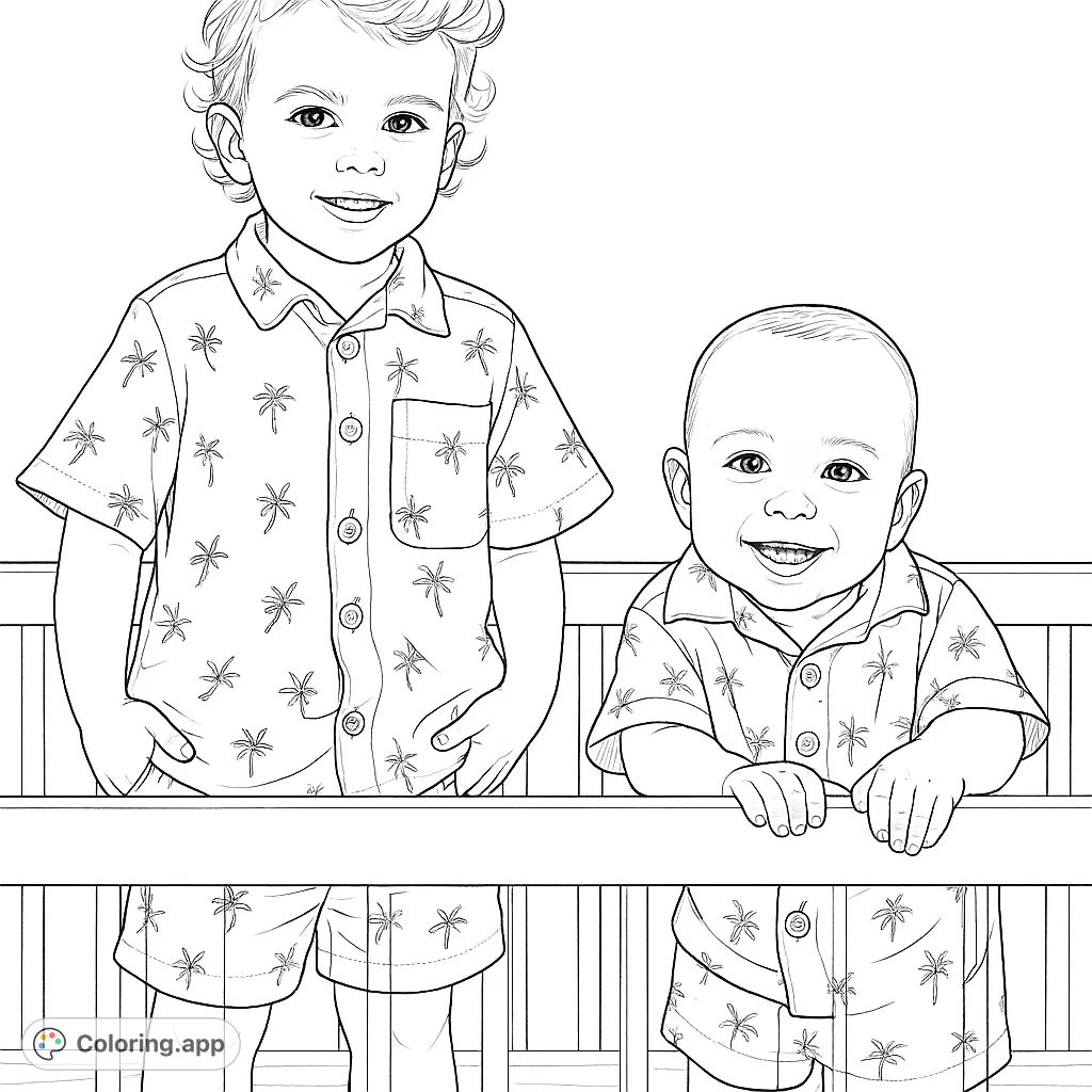 Two joyful children, a toddler and a baby, in matching palm tree outfits, smiling from their crib. A delightful scene for coloring fun.