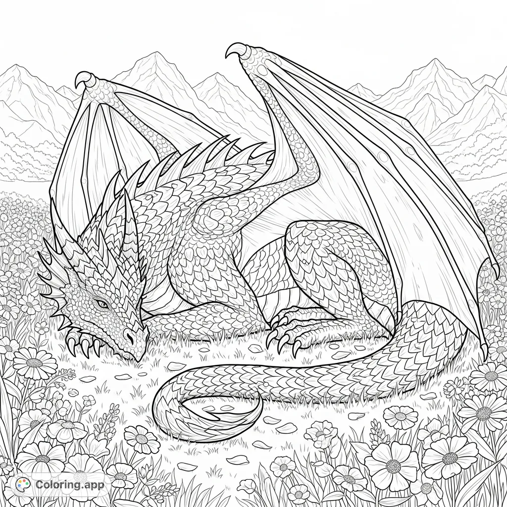 Discover a majestic dragon resting peacefully in a vibrant wildflower meadow, with ancient mountains in the distance. A captivating fantasy scene for all ages.