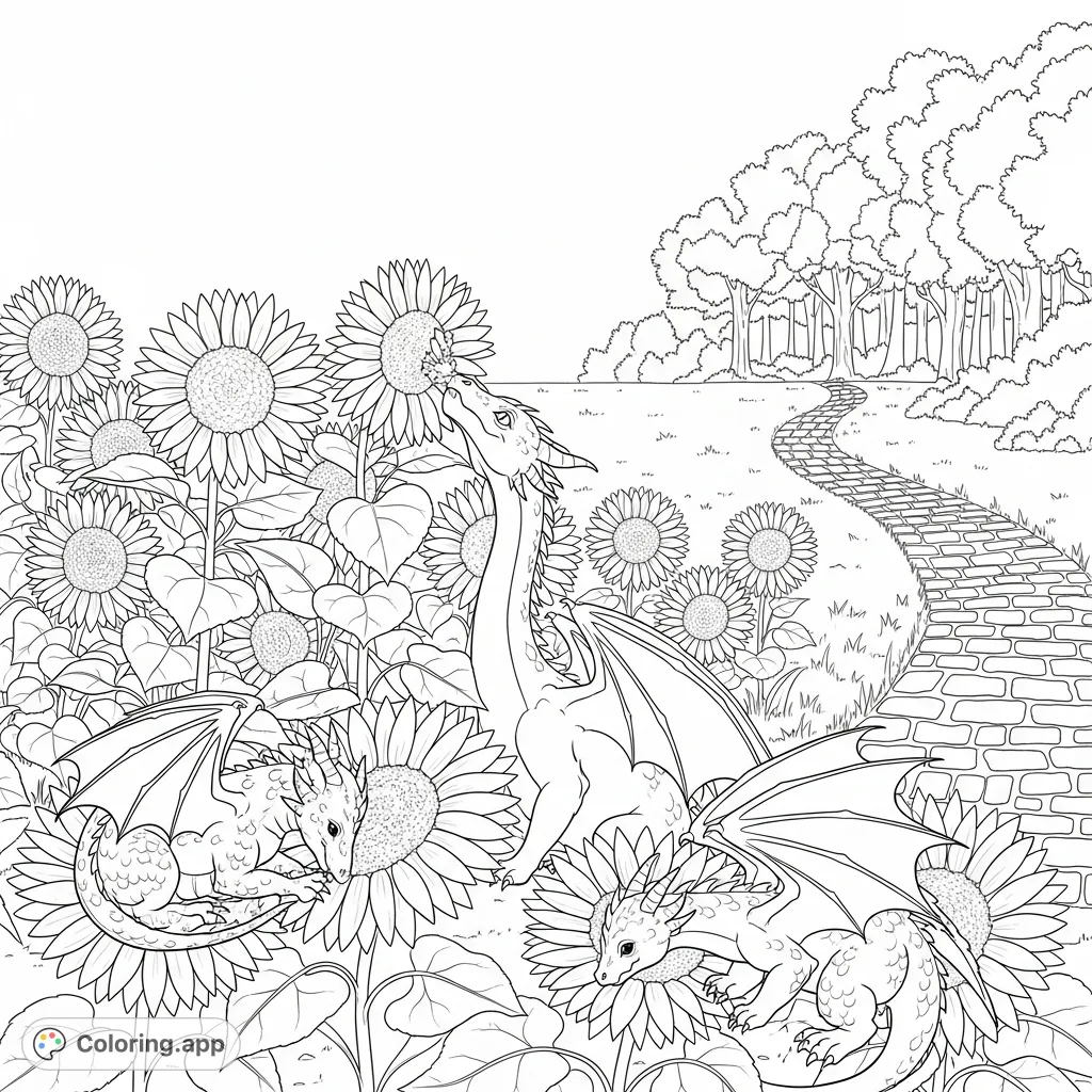 Discover a charming dragon coloring page featuring three young dragons frolicking amidst a field of towering sunflowers and a winding cobblestone path.