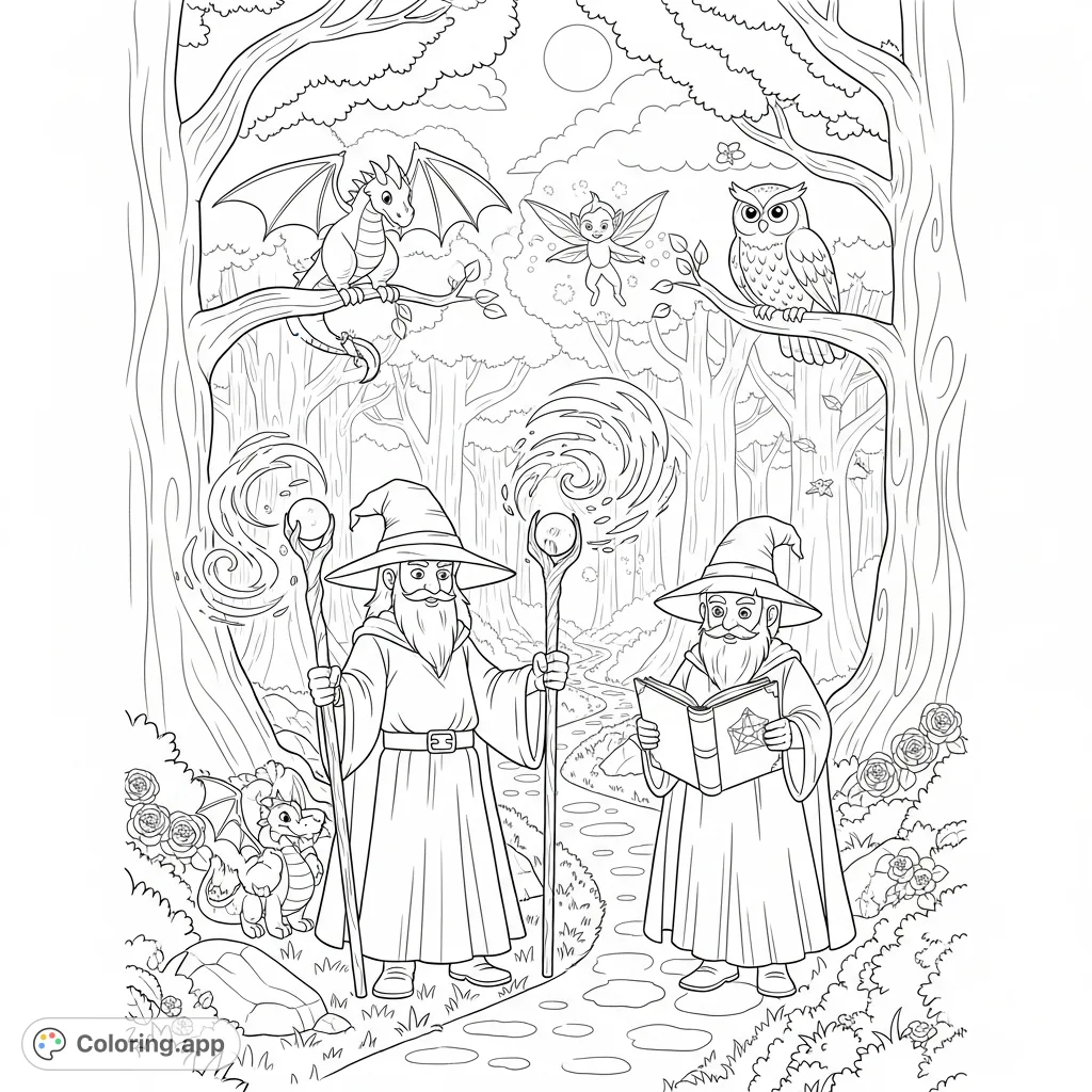 Embark on a mystical journey with friendly wizards and their fantastical companions through an enchanted forest, filled with magic and wonder.